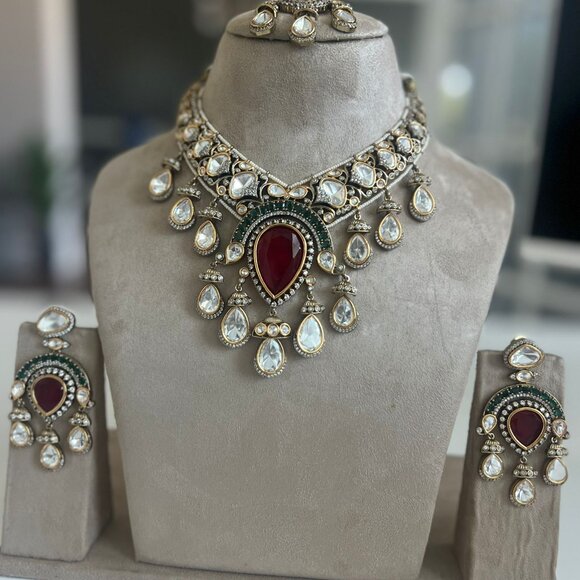 Victorian Polki Kundan Choker Necklace Set | Ruby Emerald Wedding Jewelry - Picture 7 of 15